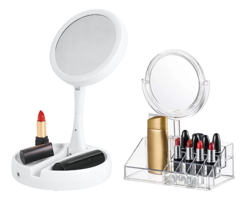 Espejo Maquillaje Luz Led Táctil Y Organizador De Cosméticos